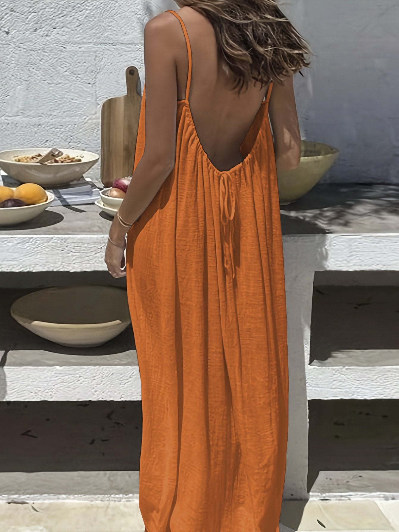 Women's Backless Spaghetti Strap Maxi Dress – Adjustable Open Back, Soft Cotton, S–4XL