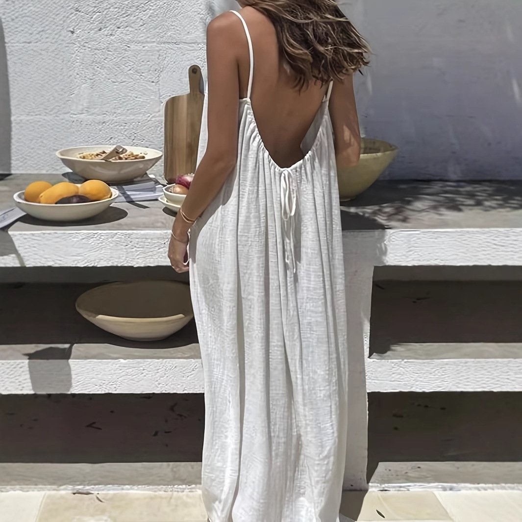 Women's Backless Spaghetti Strap Maxi Dress – Adjustable Open Back, Soft Cotton, S–4XL