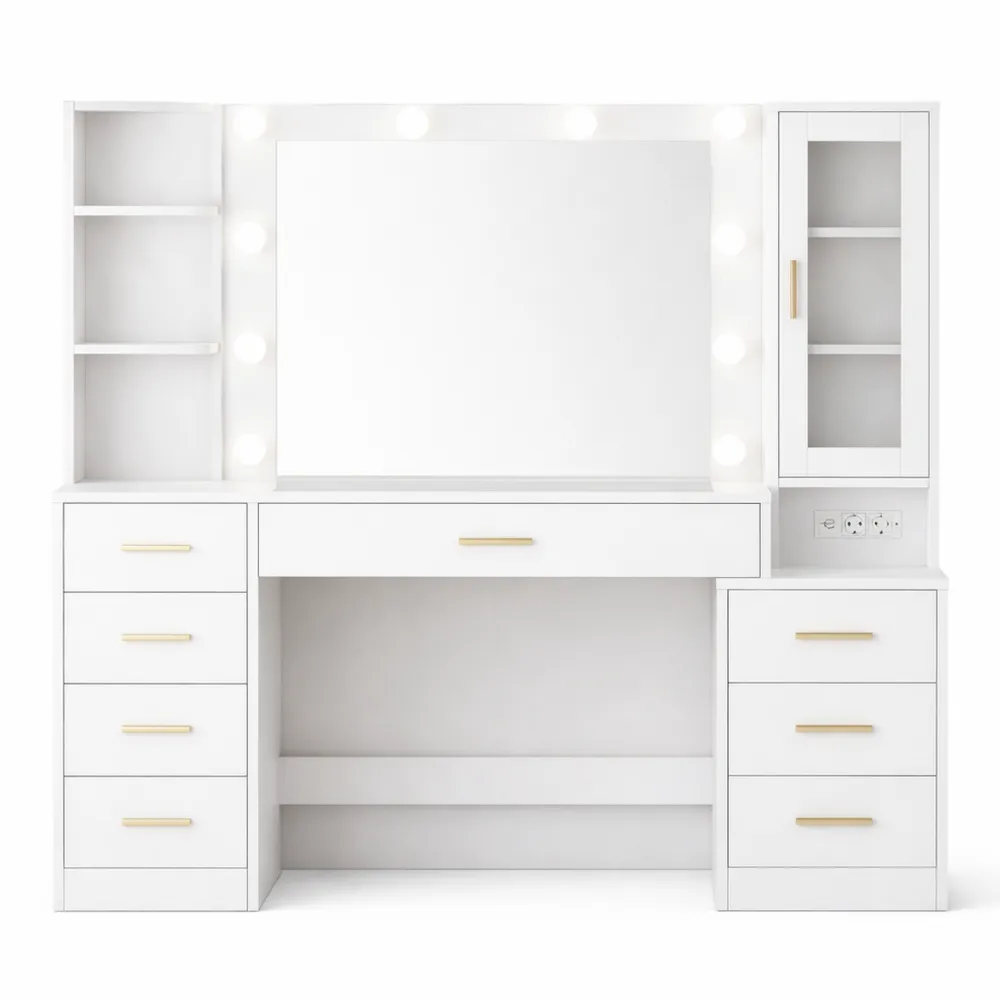 Tavolo da Trucco Moderno con Specchio e Luci Regolabili, 8 Cassetti, Ripiani e Ganci