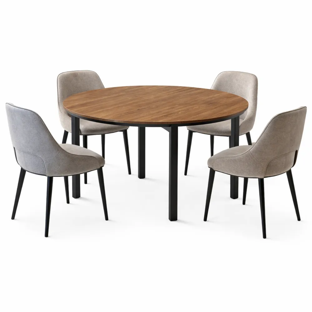 Tavolo Rotondo da Pranzo in Legno con Gambe in Metallo per 4-6 Persone