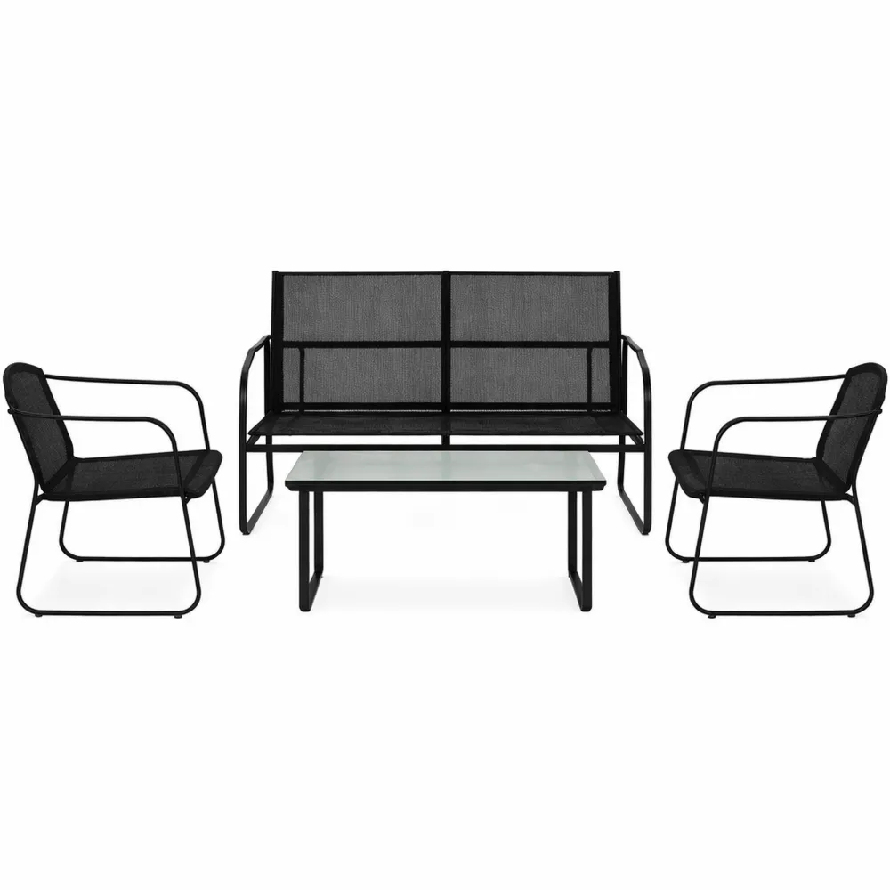 Set da Giardino con Tavolino, Panchina e Sedie in Metallo e Texteline, Nero