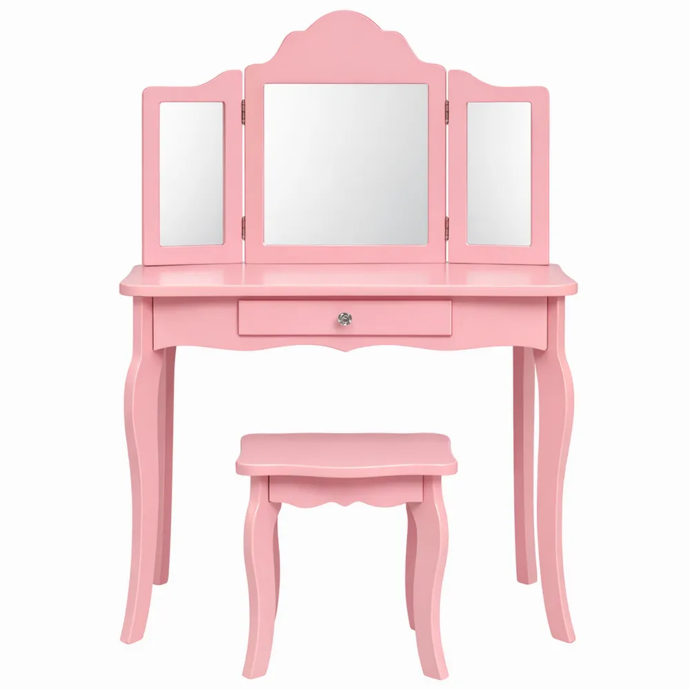 Tavolo da Trucco per Bambina con Specchio Tripartito e Sgabello, Stile Principessa, 70 x 34 x 104 cm, Rosa