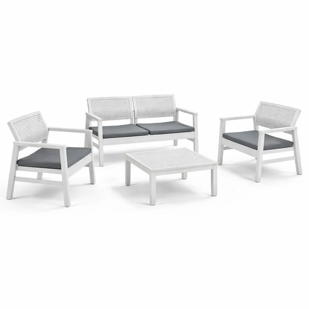 Set salotto da esterno con poltrone, divano e tavolino in effetto rattan con cuscini, bianco