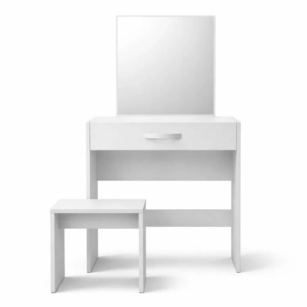 Tavolo da trucco con specchio e sgabello, postazione toeletta angolare con cassetto