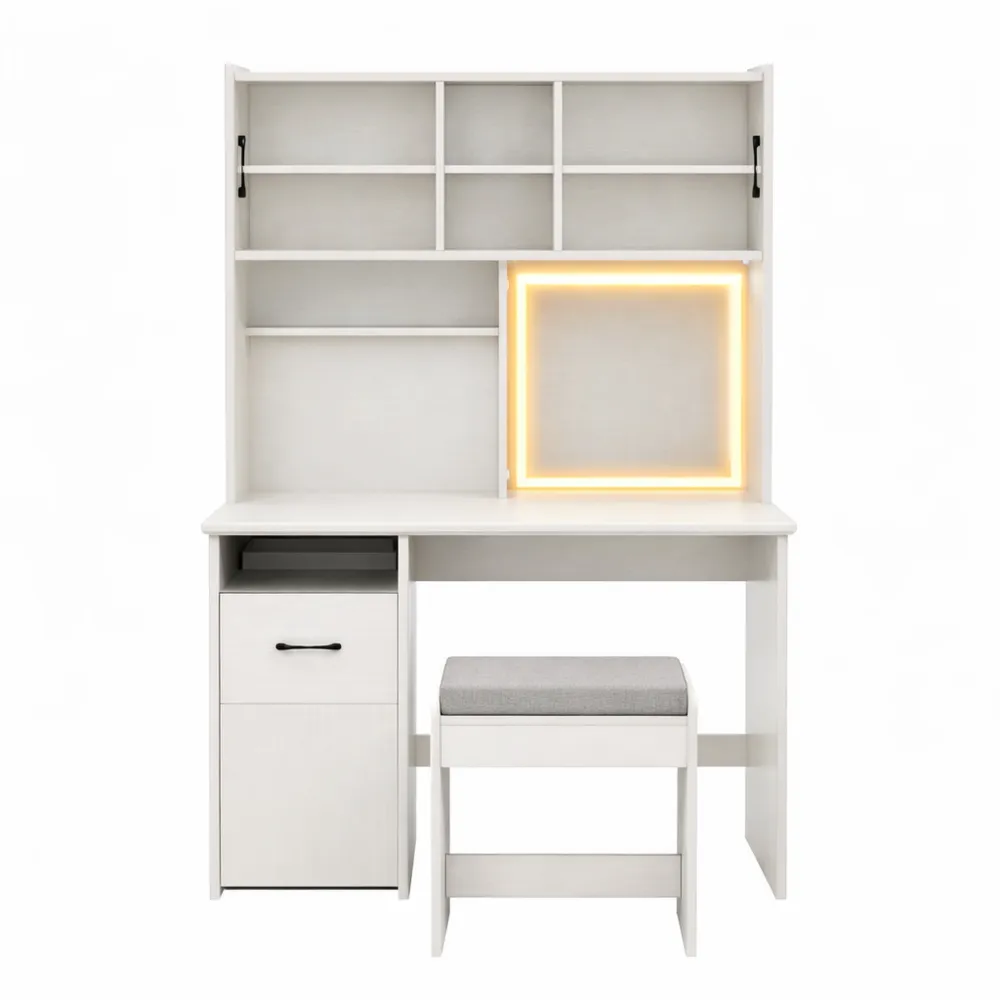 Toeletta Trucco con Luci LED Regolabili e Specchio, Postazione Make Up con Sgabello, Consolle con Cassetti e Porta Anelli