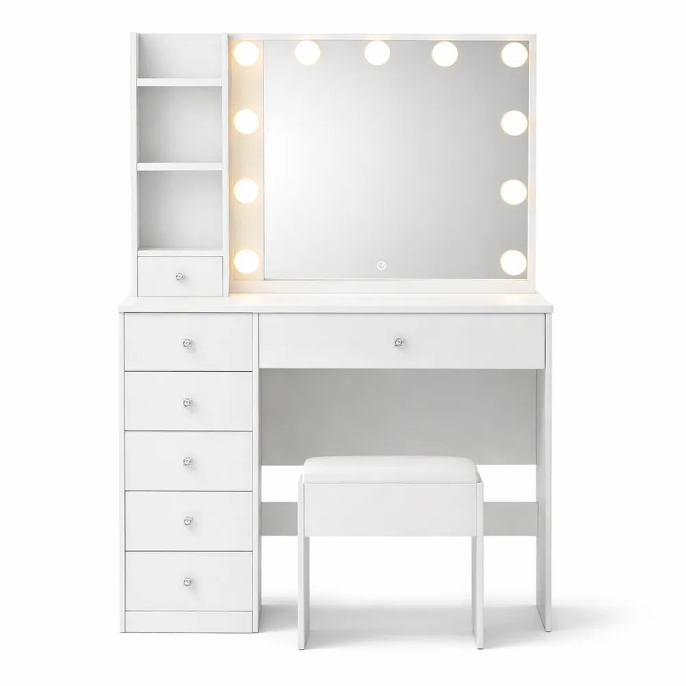 Tavolo da trucco moderno con specchio e sgabello, illuminazione regolabile, 6 cassetti e ripiani