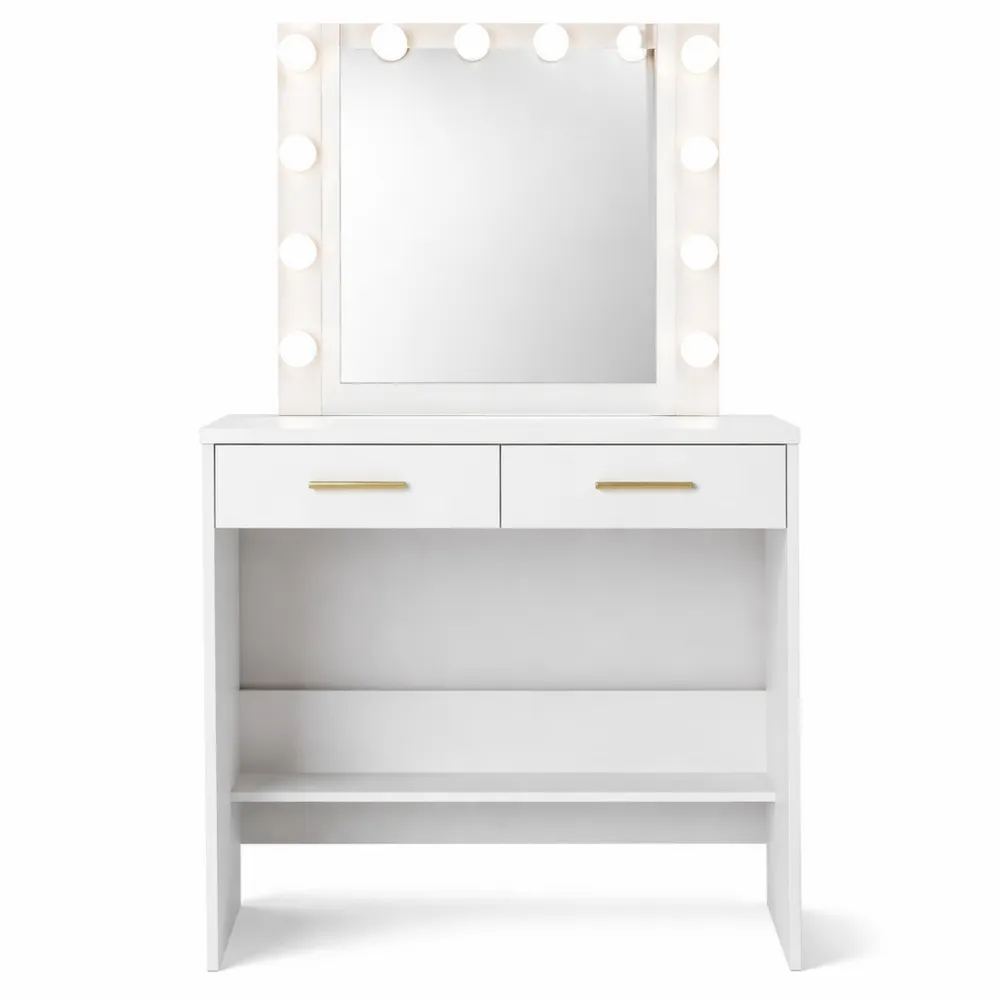 Tavolo da Trucco con Specchio e Lampadina, 4 Ripiani e 2 Cassetti, Bianco