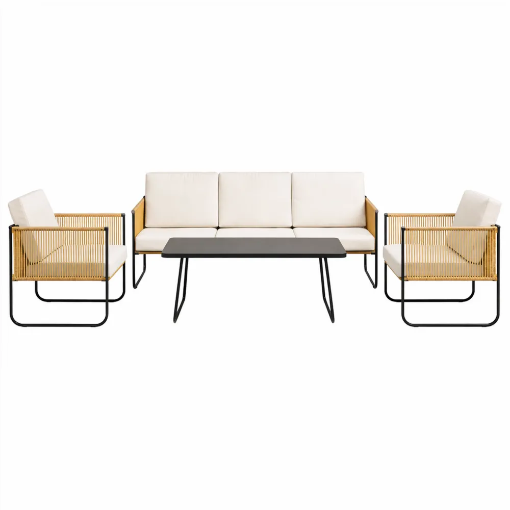 Set di Mobili da Giardino in Rattan 4 Pezzi, Salotto Esterno con Divano, Poltrone e Tavolino