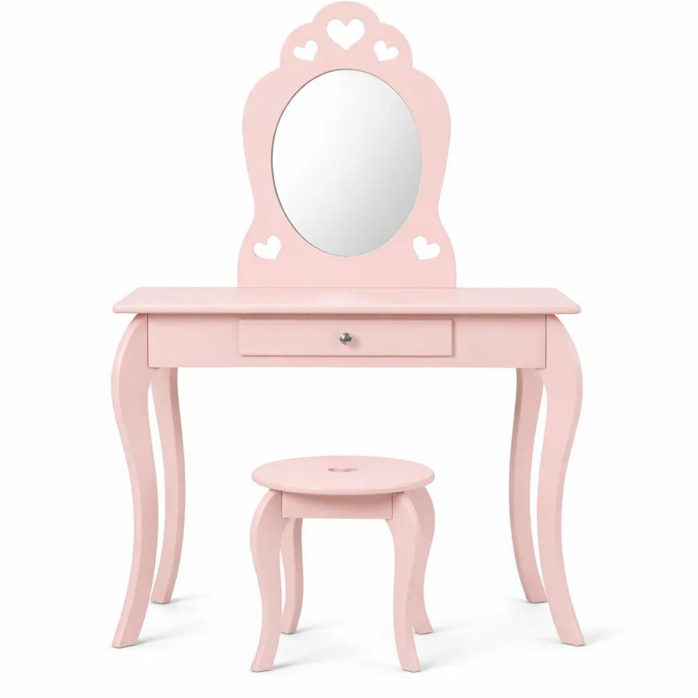 Toeletta per Bambini con Specchio e Sgabello, Struttura Robusta in Legno di Pino