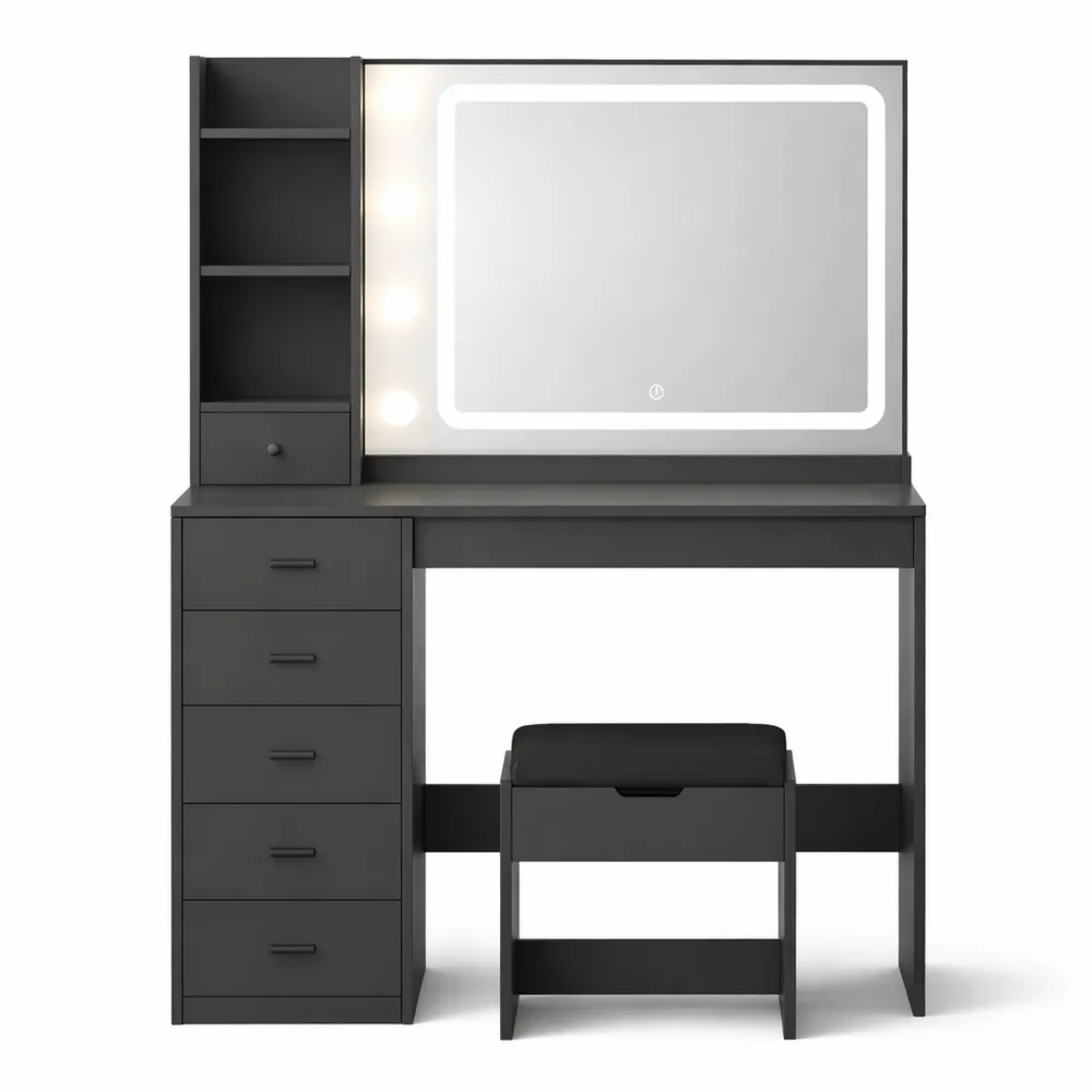Toeletta Trucco con Specchio LED e Presa USB, Scrivania L con Sgabello, 5 Cassetti e Ripiani, Salvaspazio in Camera da Letto