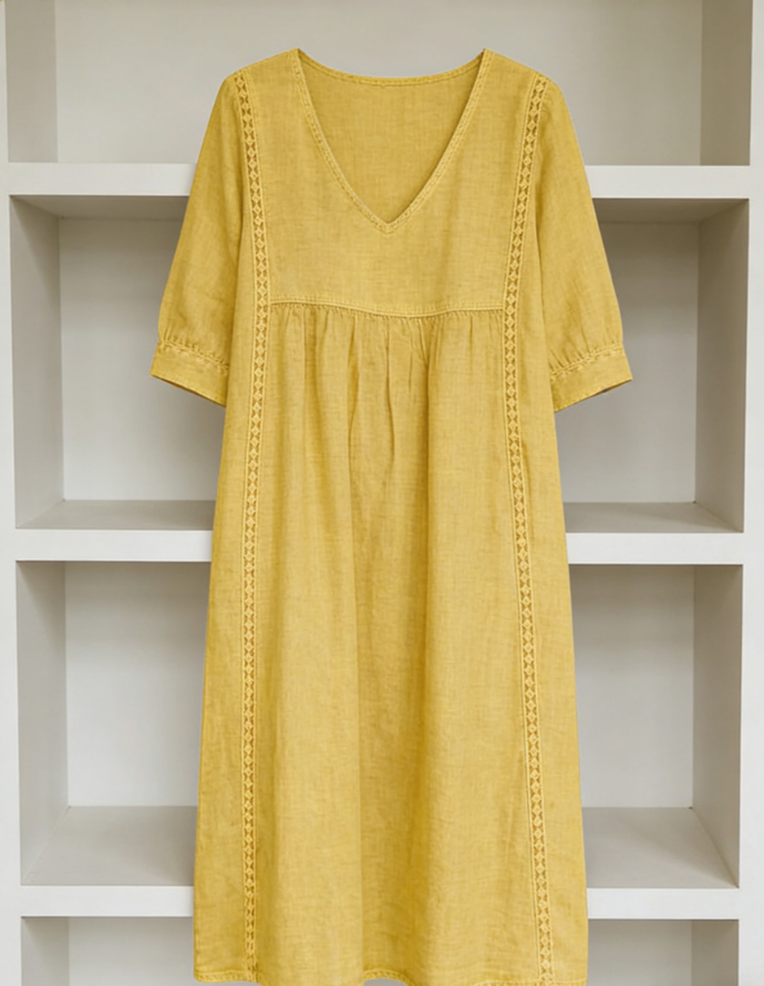 Neu eingetroffen 🔥 Damen lässiges locker geschnittenes Patchwork-Kleid mit Spitzenbesatz aus Leinen und Baumwolle