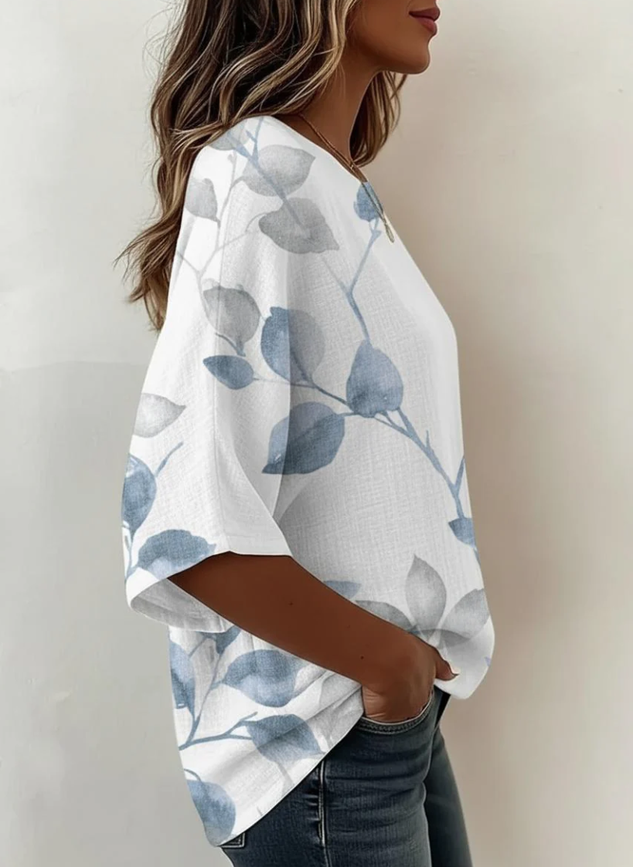 Damen Leichtes Lockeres Shirt mit Blattmuster, Rundhalsausschnitt und halblangen Ärmeln