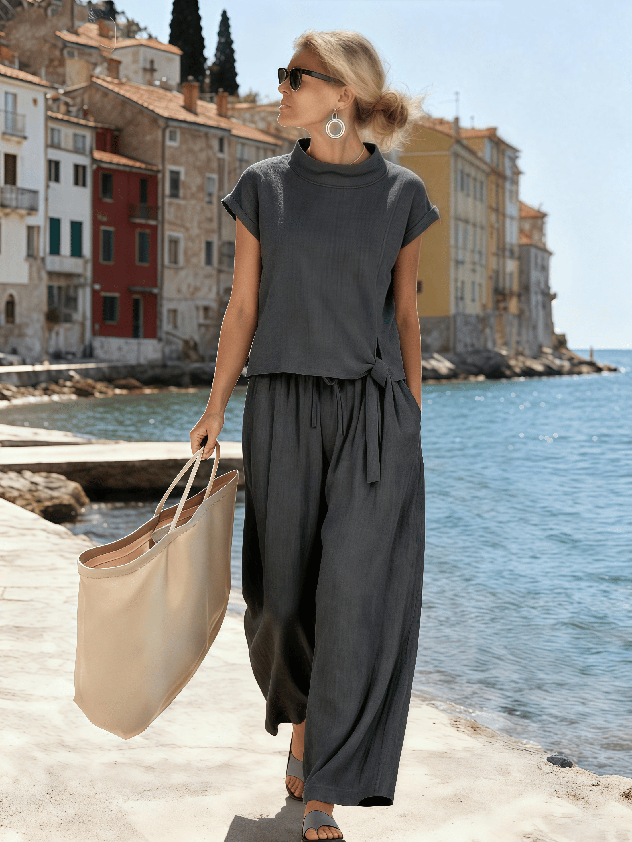 Ensemble deux pièces pour femme avec col montant, taille à nouer et manches courtes