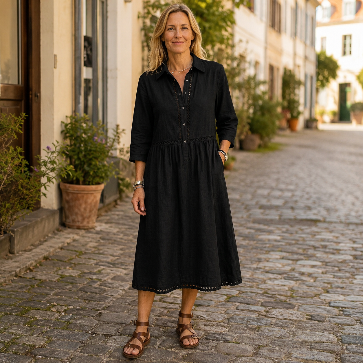 🌿 Luftiges Hemdblusenkleid mit Spitzendetails – bequem, feminin und zeitlos elegant