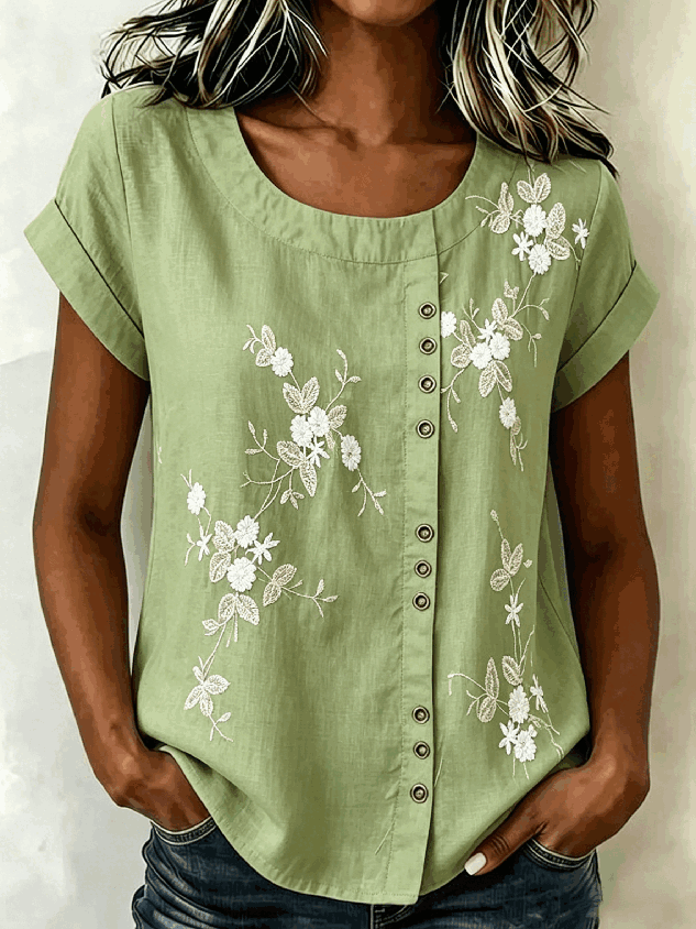 Crew Neck Short Sleeve 3D Printing Regular Loose Blouse For Women