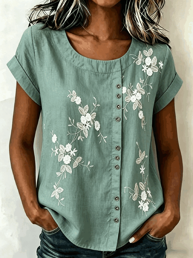 Crew Neck Short Sleeve 3D Printing Regular Loose Blouse For Women