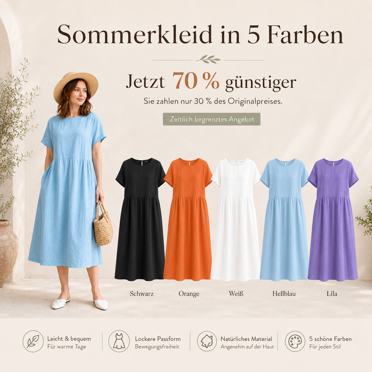 Luftiges Sommerkleid in Leinenoptik mit lockerer Passform 🌿