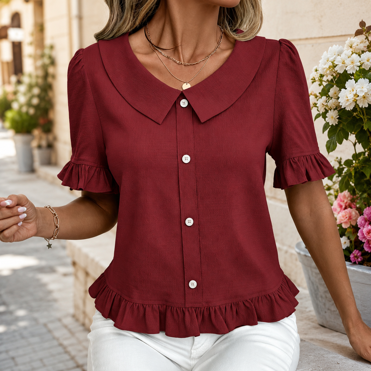 Elegante Damenbluse mit Bubikragen und Rüschen ✨