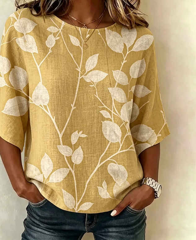 Damen Leichtes Lockeres Shirt mit Blattmuster, Rundhalsausschnitt und halblangen Ärmeln