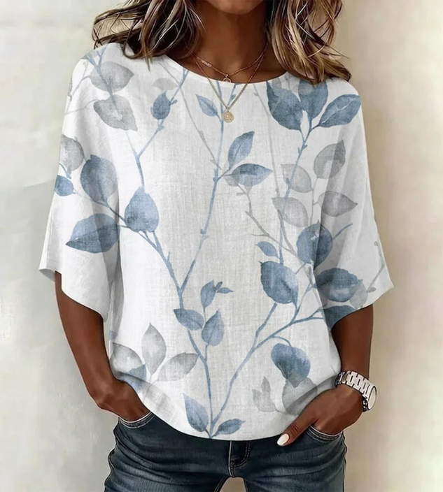 Damen Leichtes Lockeres Shirt mit Blattmuster, Rundhalsausschnitt und halblangen Ärmeln