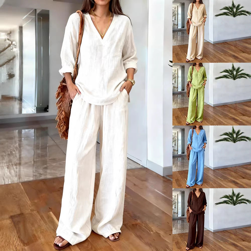 Damen-Baumwoll-Langarmshirt und -Hose in verschiedenen Farben, vorgewaschen