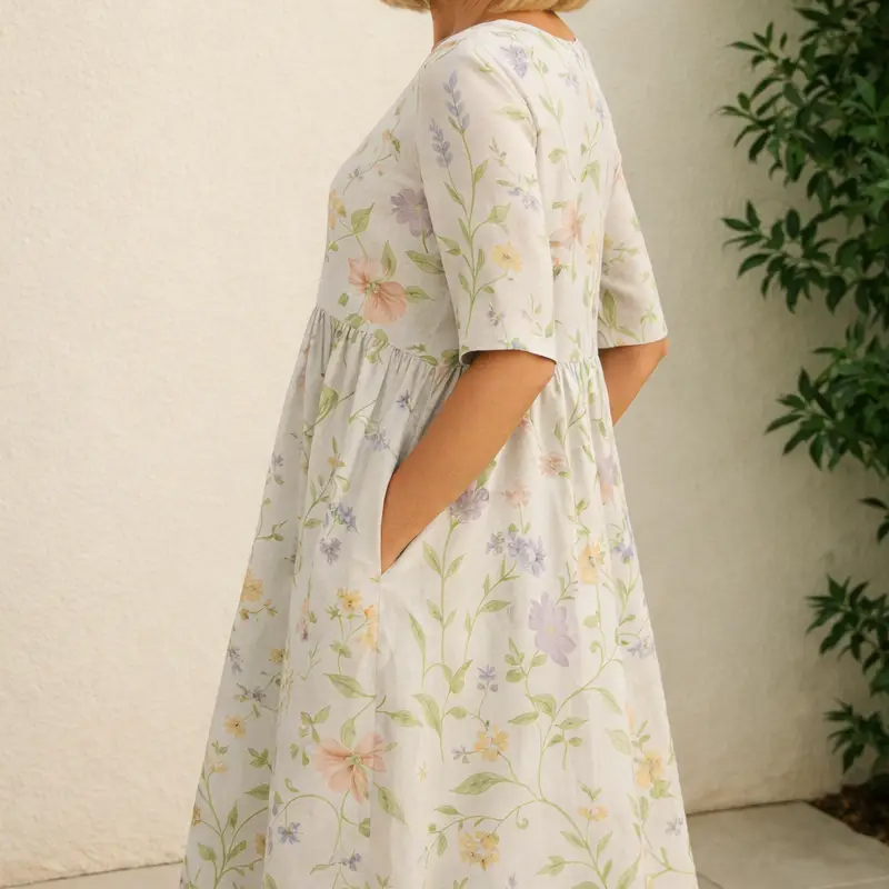 Elegantes, fließendes, mittellanges Leinenkleid mit Blumenmuster