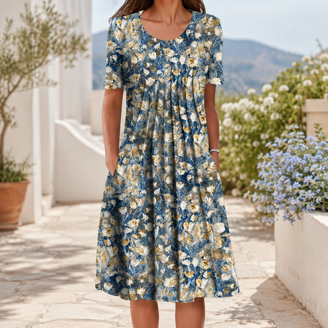 🌸 Luftiges Damenkleid mit floralen Designs und praktischen Taschen
