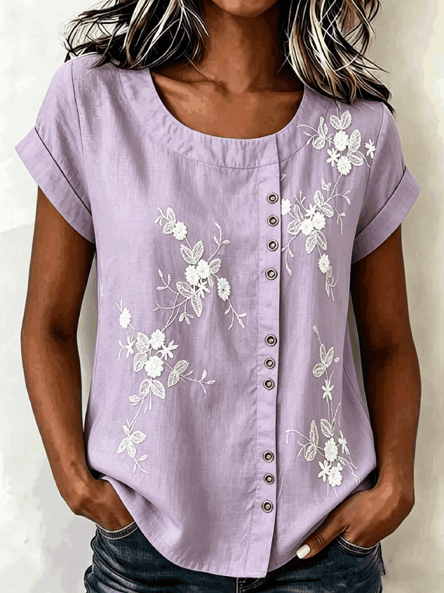 Crew Neck Short Sleeve 3D Printing Regular Loose Blouse For Women