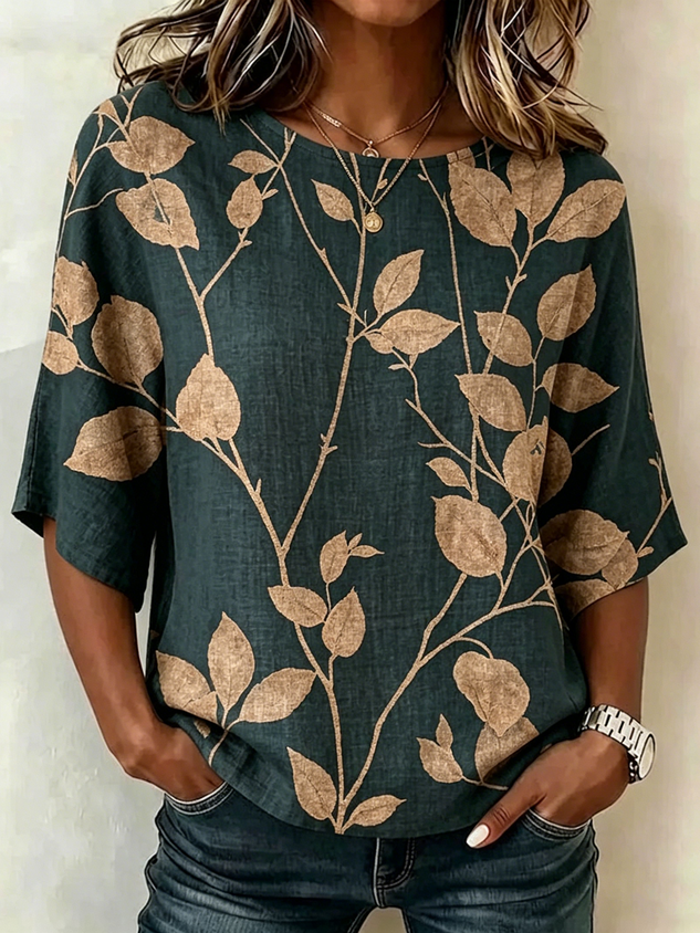 Damen Leichtes Lockeres Shirt mit Blattmuster, Rundhalsausschnitt und halblangen Ärmeln
