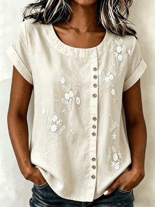 Crew Neck Short Sleeve 3D Printing Regular Loose Blouse For Women