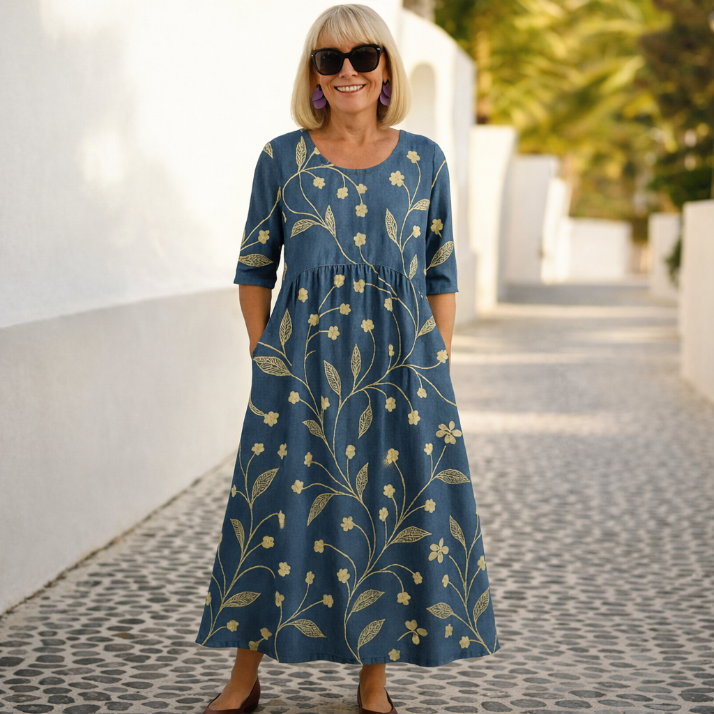 Elegant flowy mid-length floral linen dress