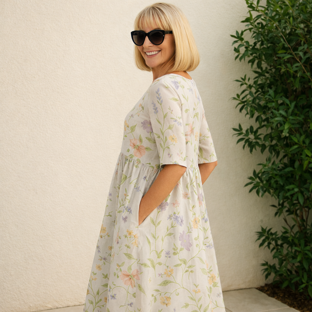 Elegant flowy mid-length floral linen dress