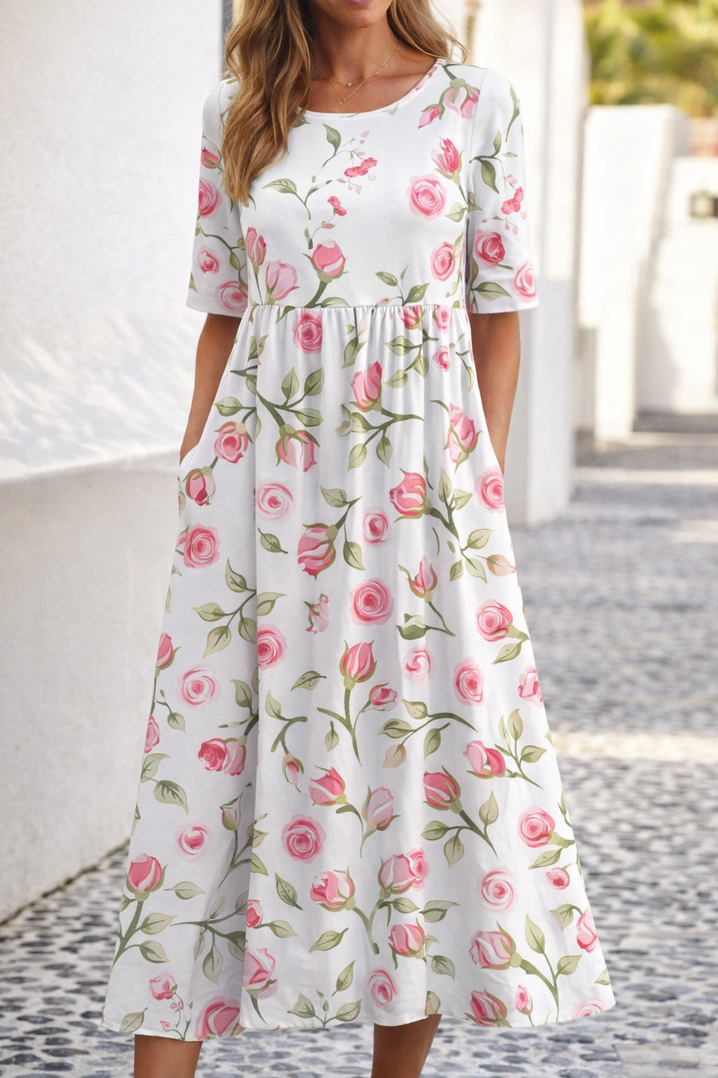 Andrea Serena Sommerkleid mit Blumenmuster und V-Ausschnitt