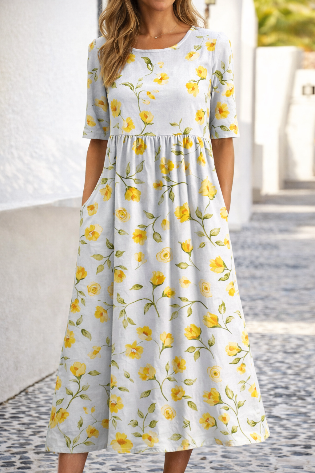 Andrea Serena Sommerkleid mit Blumenmuster und V-Ausschnitt