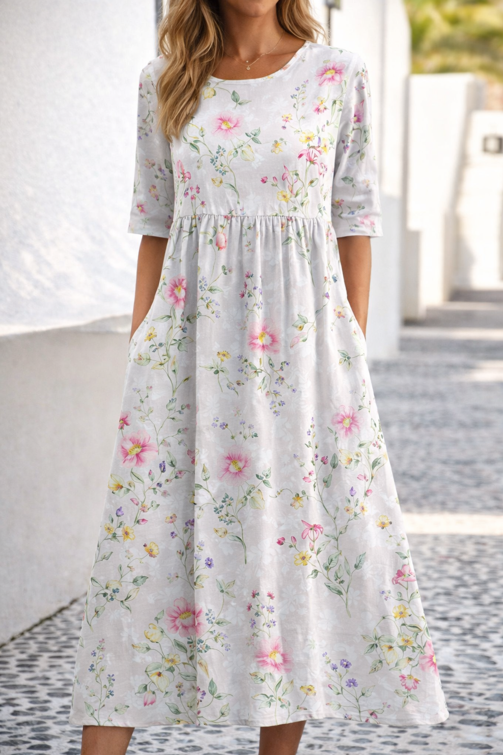 Andrea Serena Sommerkleid mit Blumenmuster und V-Ausschnitt