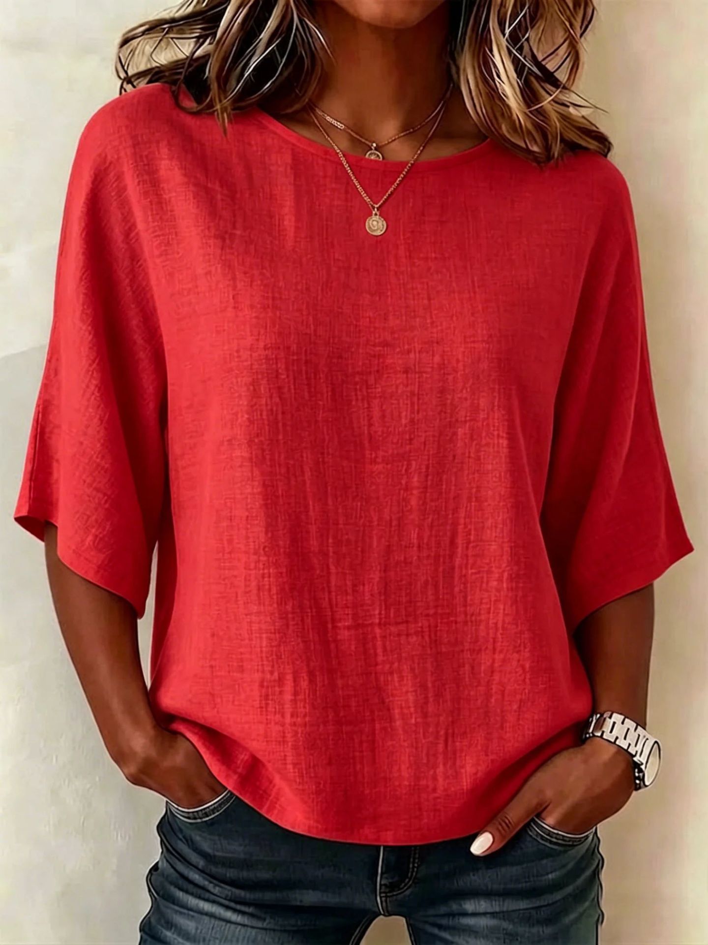 Damen Leichtes Lockeres Shirt mit Blattmuster, Rundhalsausschnitt und halblangen Ärmeln