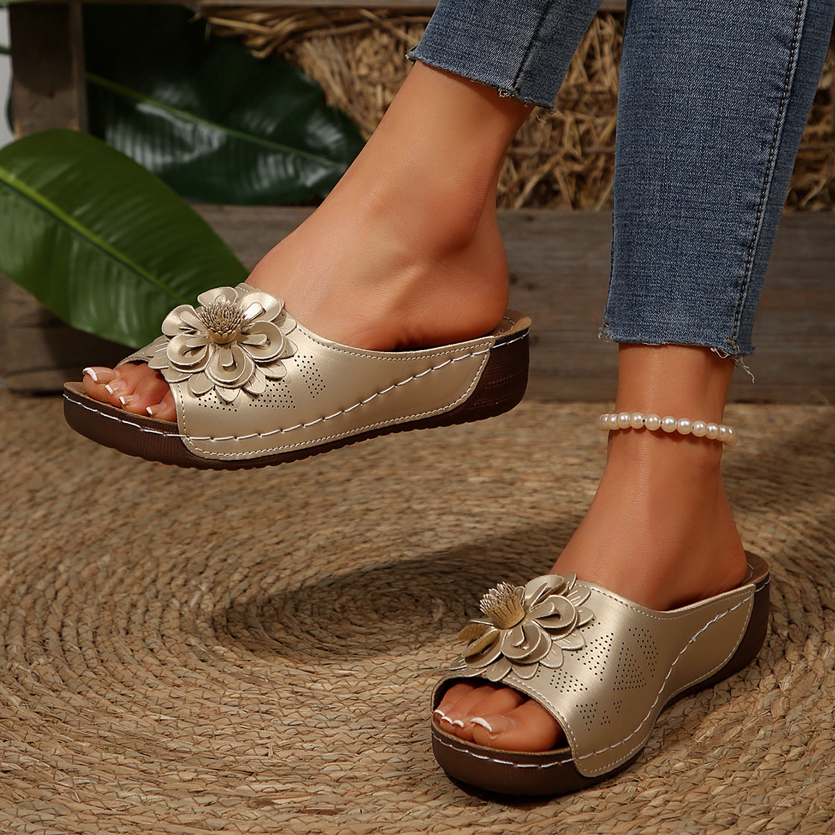 Sandalias de cuña cómodas para mujer con estampado floral