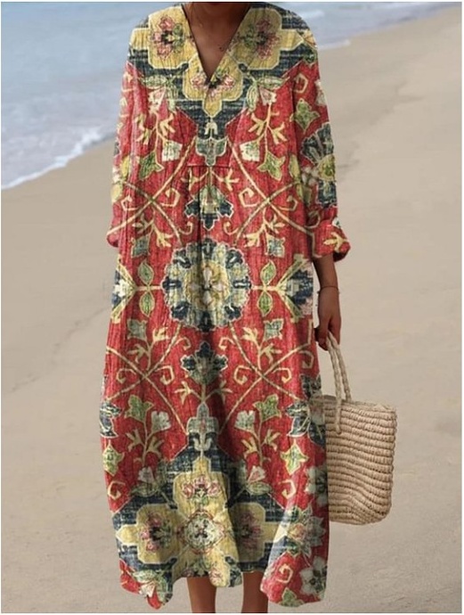🔥 Damen Kleid mit abstraktem Kunstprint - Baumwoll-Leinen-Look mit V-Ausschnitt