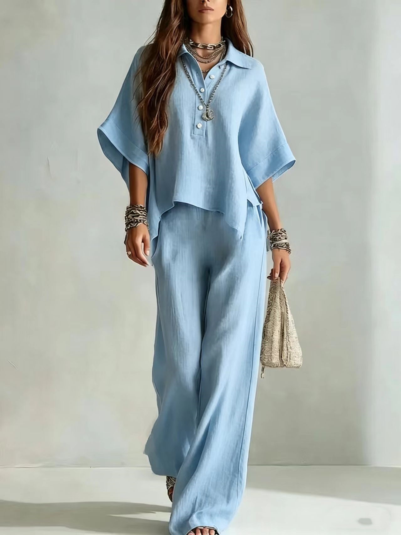 Zweiteiliges Set aus Kurzarmhemd und locker sitzender Hose für Damen
