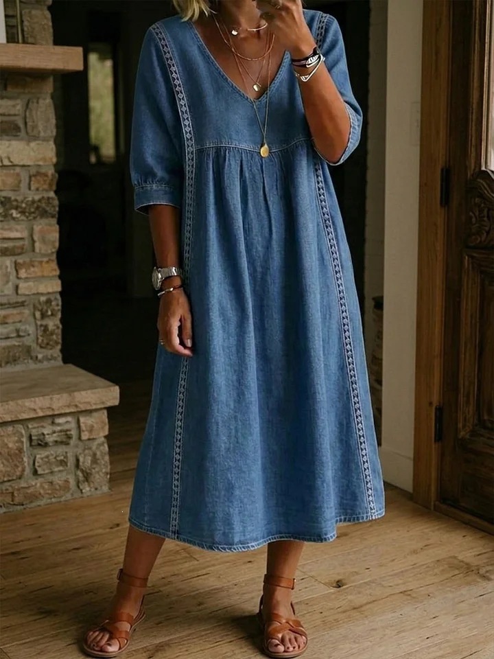 🔥Luftiges Midi-Kleid mit V-Ausschnitt und Taschen - Entspannt, feminin und angenehm zu tragen – das unkomplizierte Kleid für warme Tage.