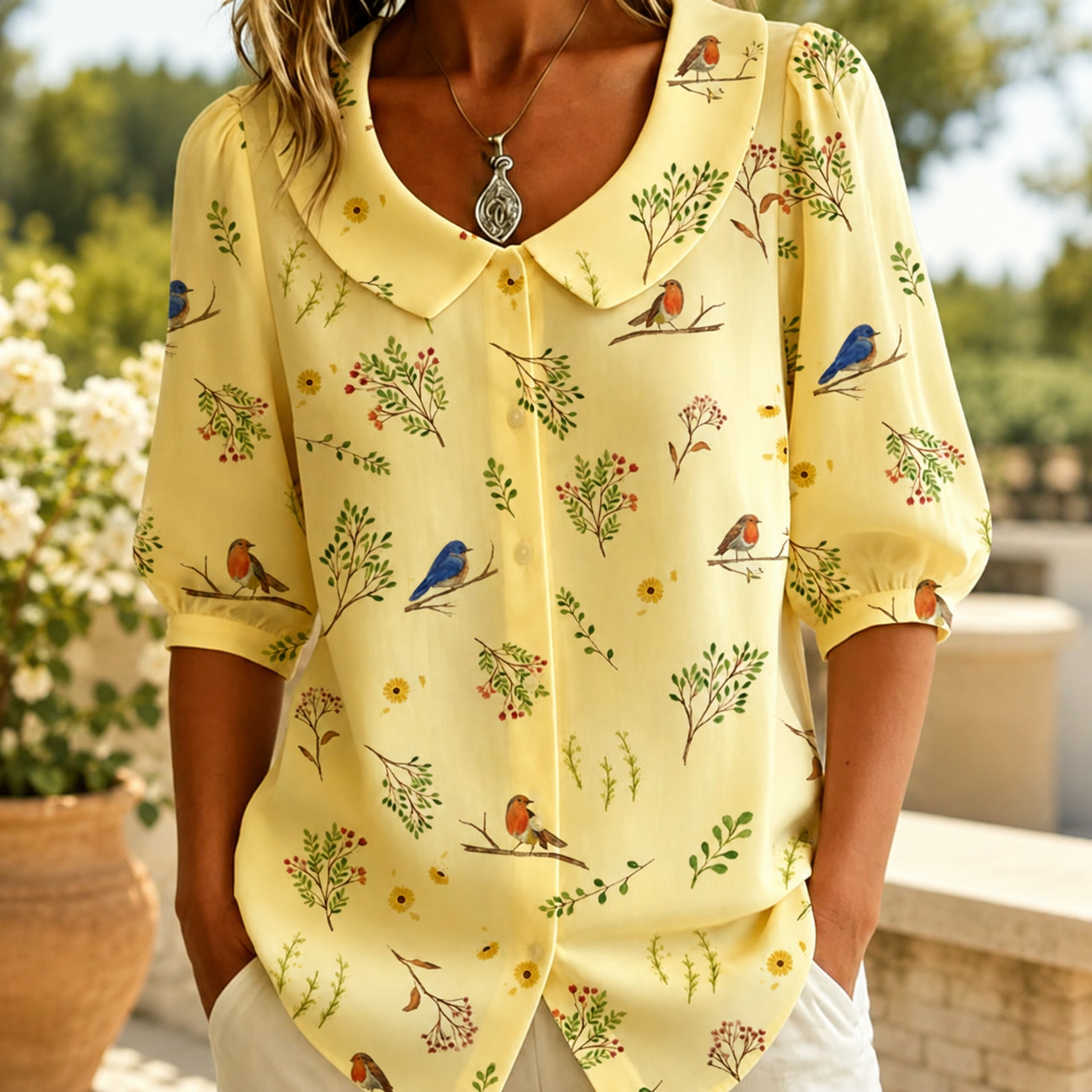 🌸 Lieblingsbluse mit Rundkragen und verspielten Mustern