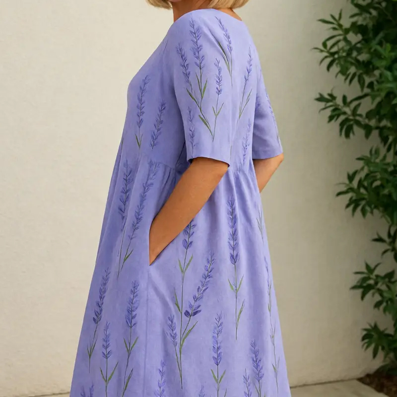 Elegantes, fließendes, mittellanges Leinenkleid mit Blumenmuster