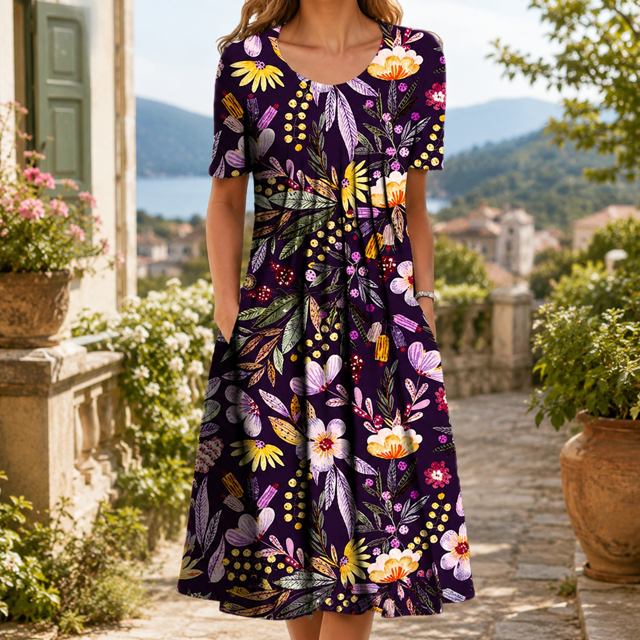 🌸 Luftiges Damenkleid mit floralen Designs und praktischen Taschen