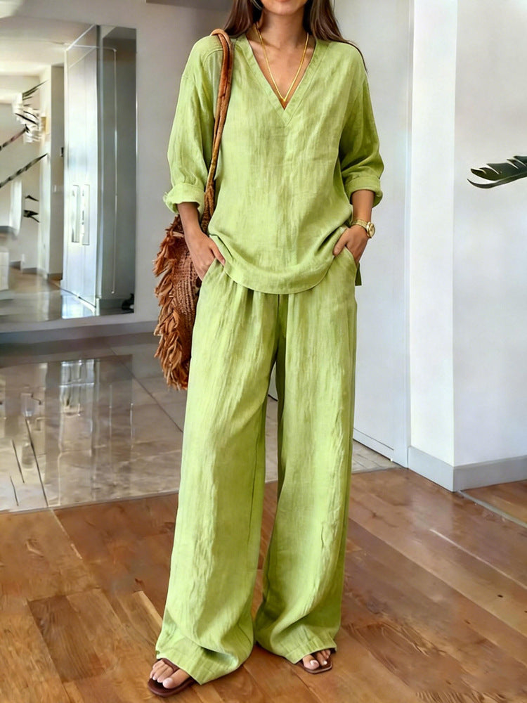 Damen-Baumwoll-Langarmshirt und -Hose in verschiedenen Farben, vorgewaschen