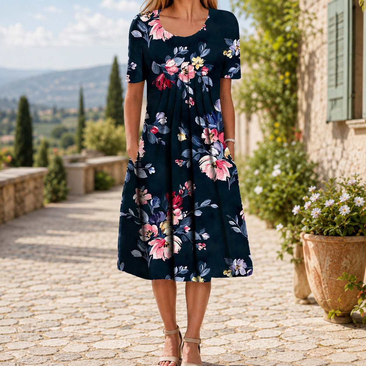 🌸 Luftiges Damenkleid mit floralen Designs und praktischen Taschen
