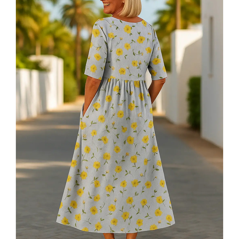 Elegantes, fließendes, mittellanges Leinenkleid mit Blumenmuster