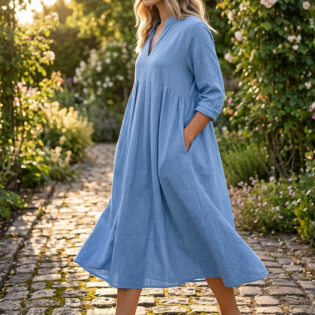 Elara™ – Soft Cotton Midi Dress with Pockets