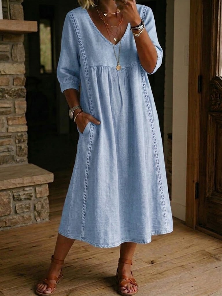 Neu eingetroffen 🔥 Damen lässiges locker geschnittenes Patchwork-Kleid mit Spitzenbesatz aus Leinen und Baumwolle