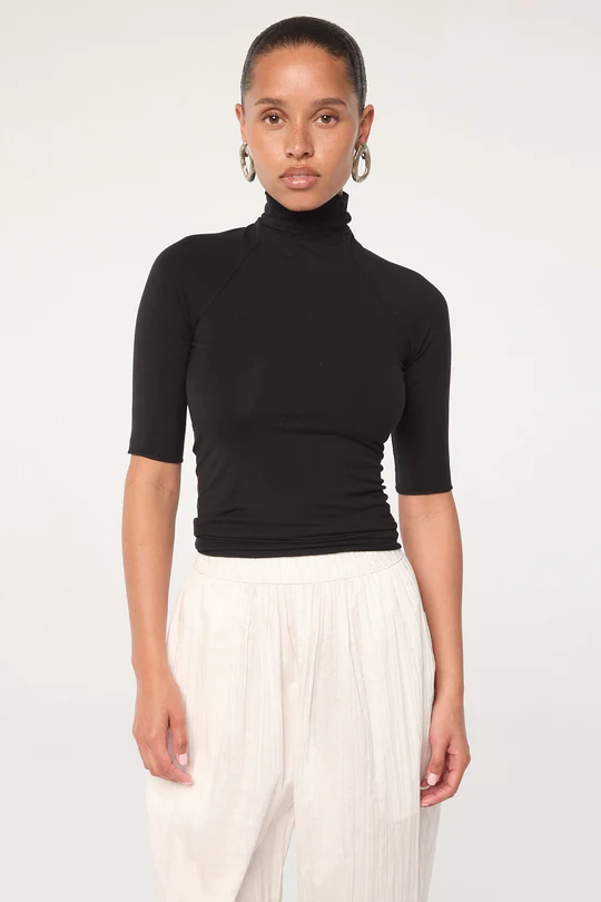 Black Open Back Half Sleeve Turtleneck Top