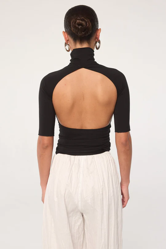 Black Open Back Half Sleeve Turtleneck Top